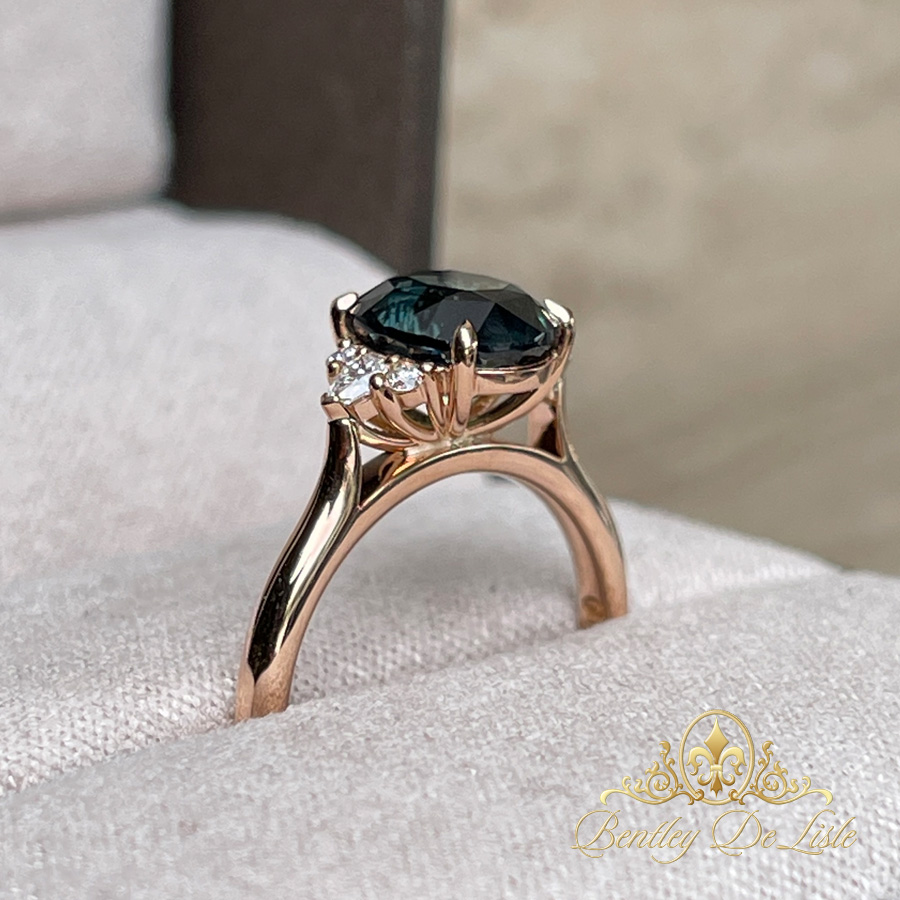 Teal Green Sapphire Diamond Rose Gold Ring